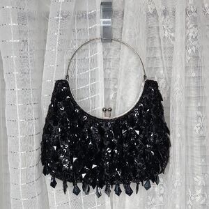 Elegant Black Satin Teardrop Beaded  Sequin Evening Bag Clutch